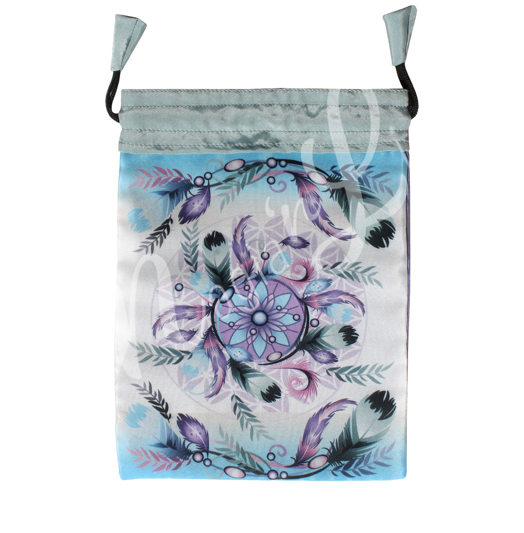 A gray drawstring pouch with a mystical design featuring a dreamcathcer in purple and blue tones, surrounded by decorative feather motifs.
