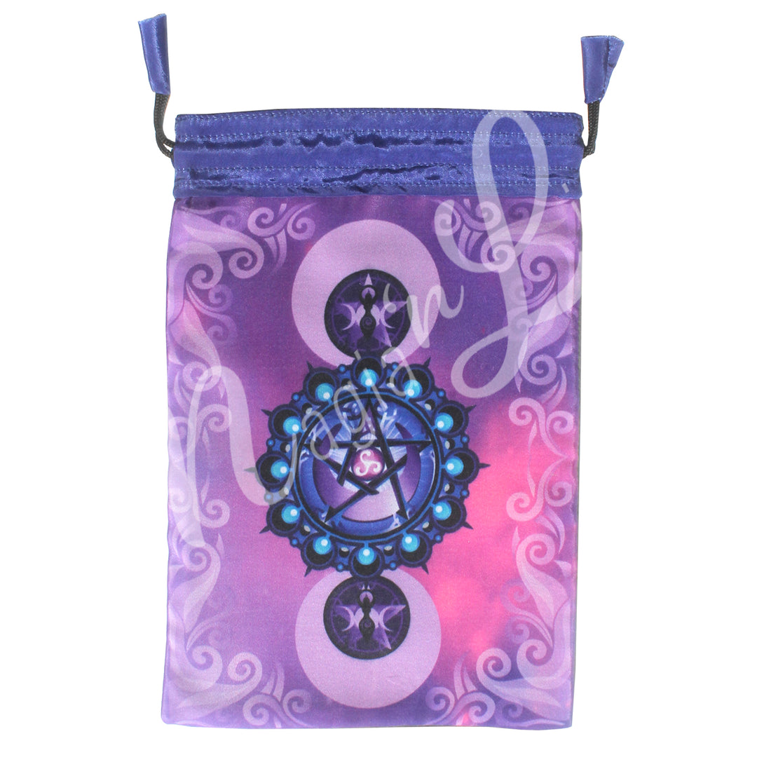 A purple drawstring pouch with a mystical design featuring a pentacle in blue and indigo tones, surrounded by decorative swirls and circular motifs.