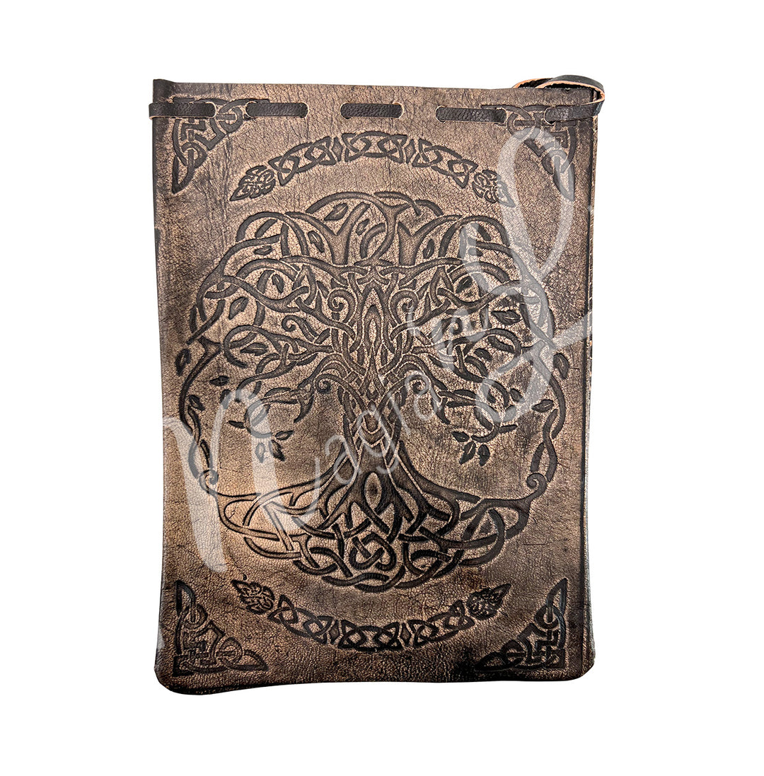 A brown bag made of leather featuring a Tree of Life surround by celti knot designs.