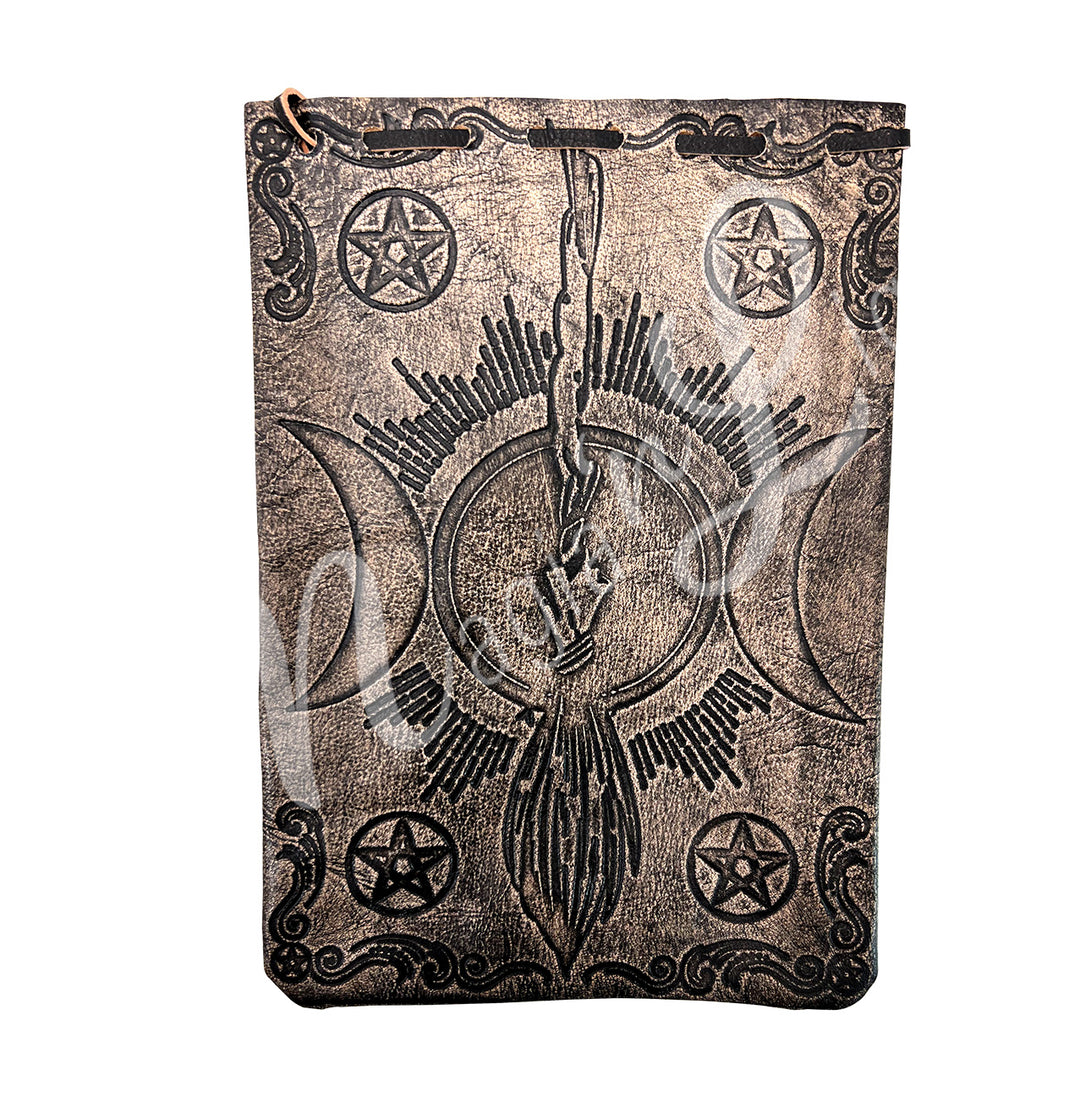 A brown bag made of leather, featuring a triple moon and a witch's broom, with pentacle in the corners.
