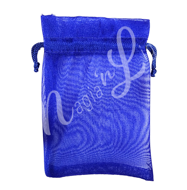 A blue organza square pouch with drawstring.