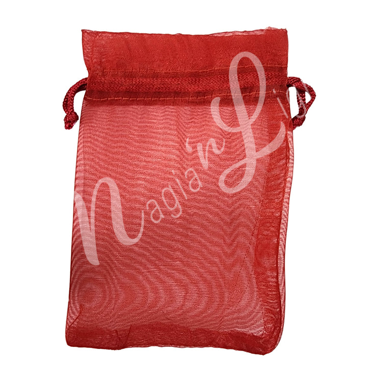 A red organza square pouch with drawstring.