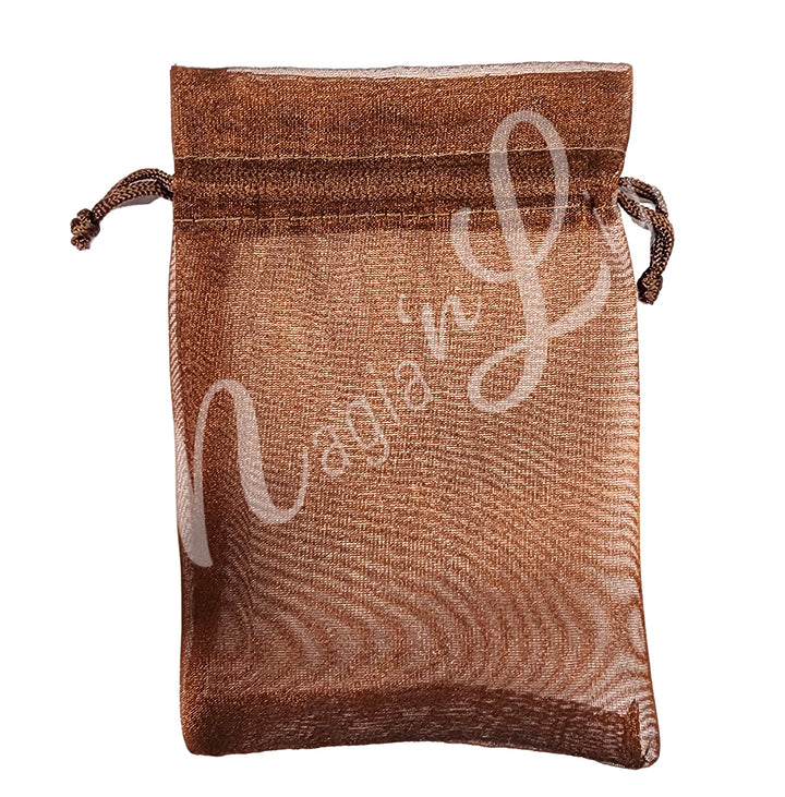A brown organza square pouch with drawstring.
