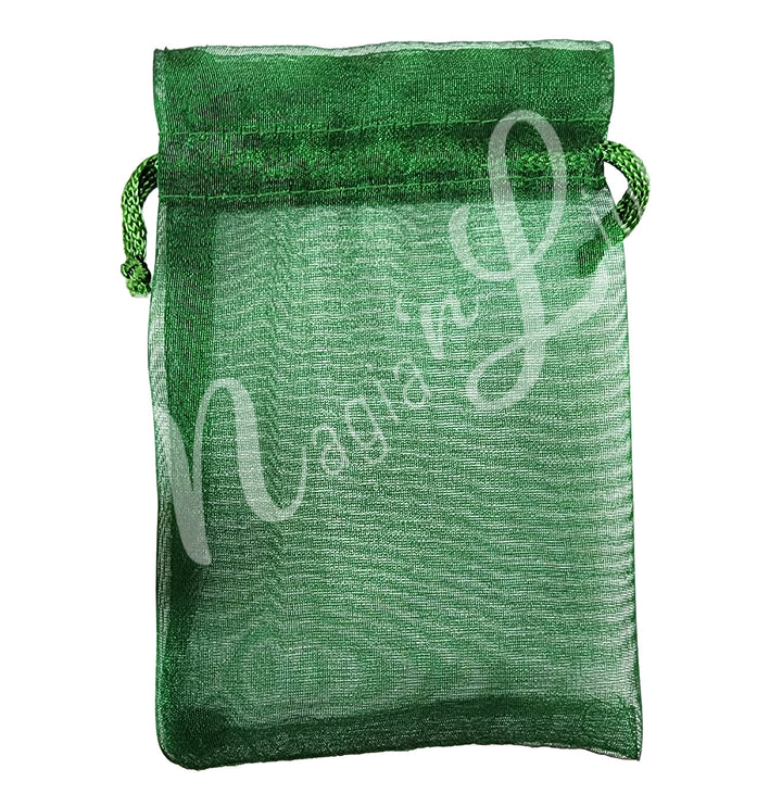 A green organza square pouch with drawstring.