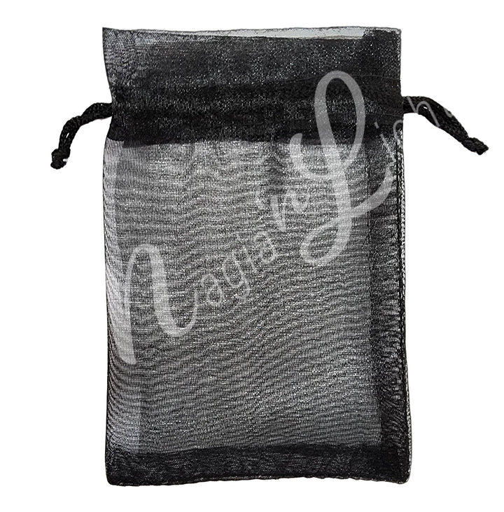 A black organza square pouch with drawstring.