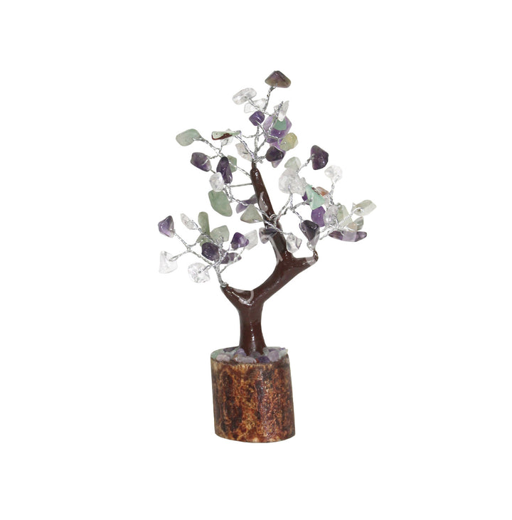A wire gemstone bonsai tree with amethyst, crystal quartz and green aventurine chips, mounted on a natural base.