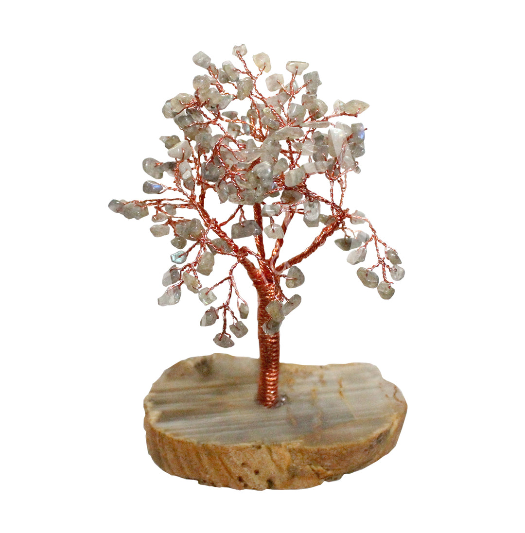 A wire gemstone bonsai tree with labradorite chips, mounted on a natural agate base.