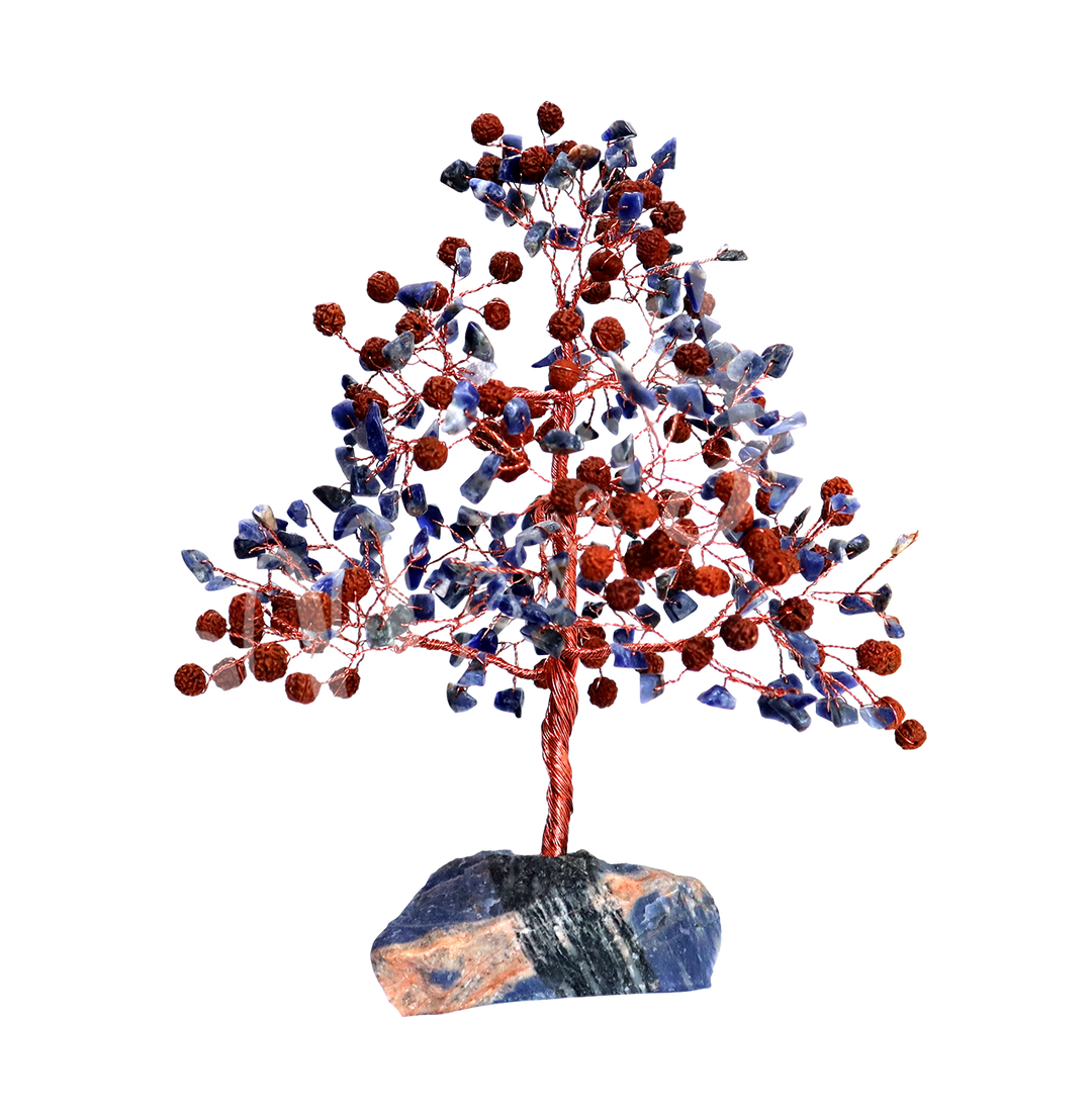 Árbol de Gemas con 100 Rudraksha y 200 Sodalita sobre Base de Sodalita (7")