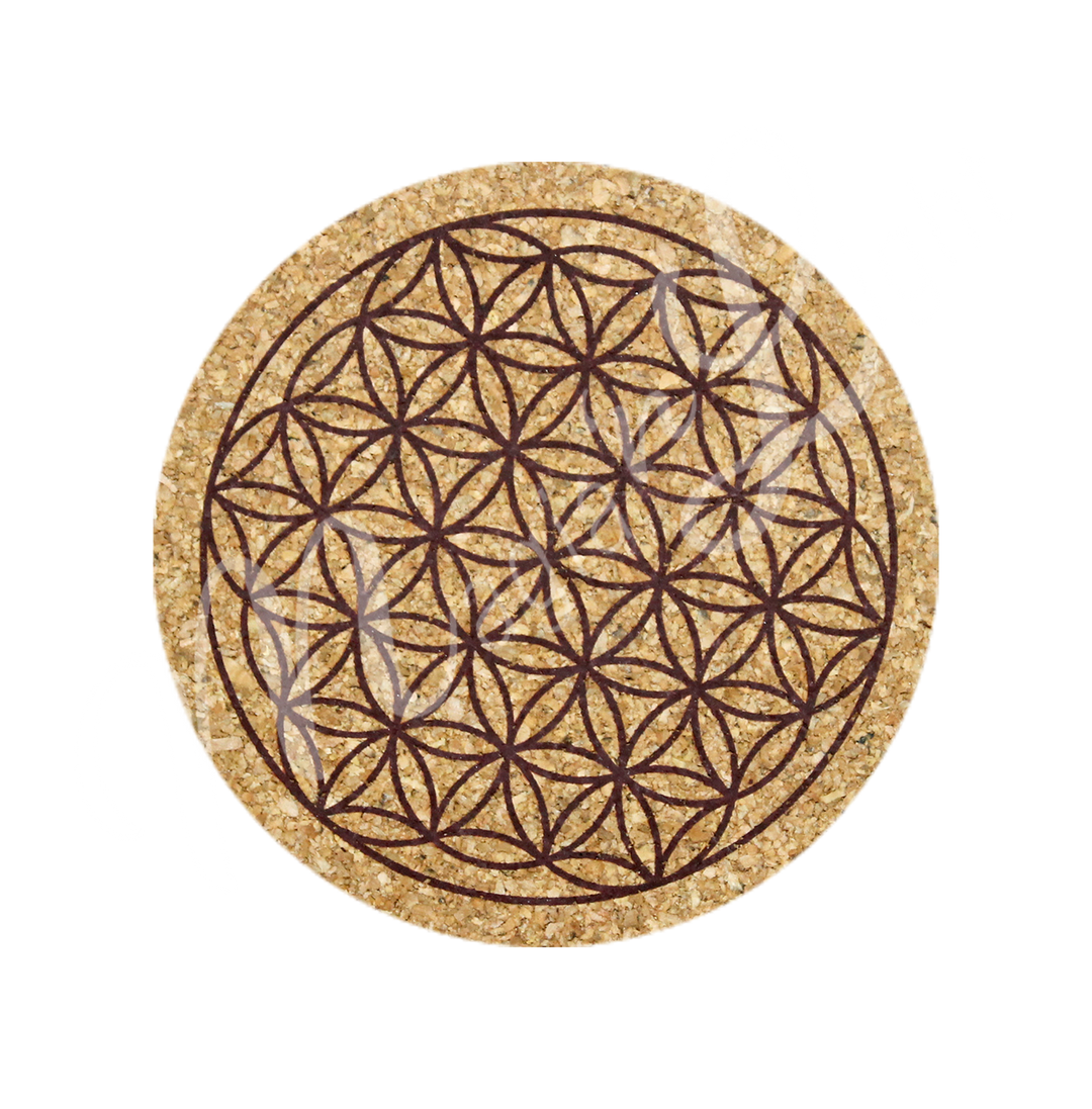 A round cork coasters featuring a black flower of Life symbol in the center.