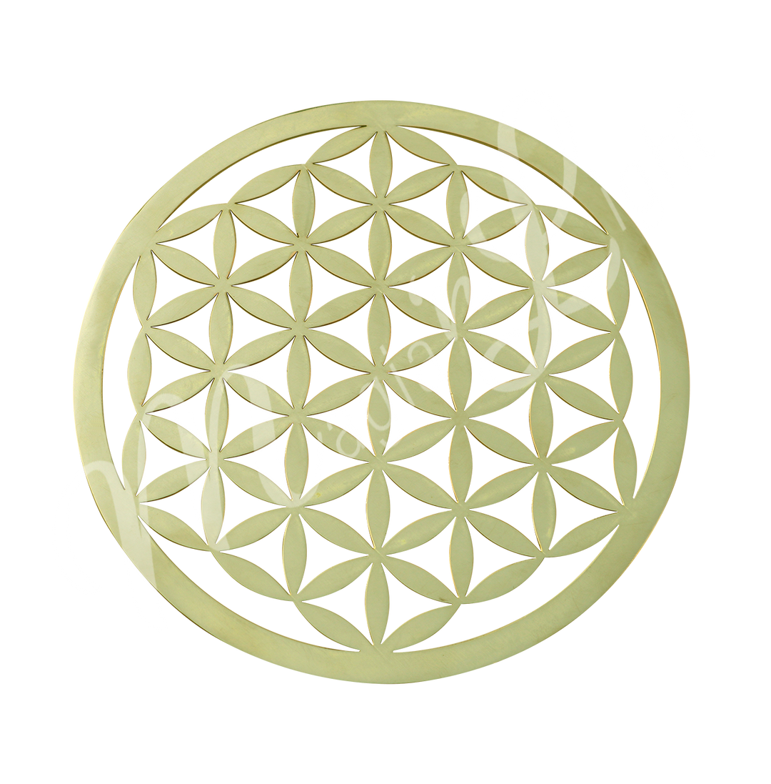 A circular flower of life brass crystal grid .