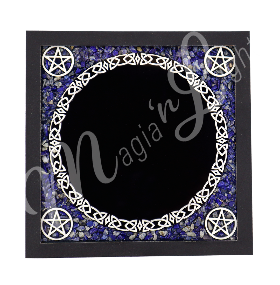a Scrying mirror with a black frame and sodalite chips arranged in a square with pentacles on the corners. A Celtic knot design is visible around the central mirror.