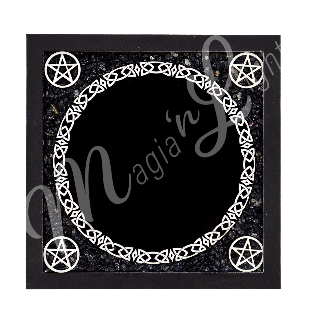 a Scrying mirror with a black frame and black tourmaline chips arranged in a square with pentacles on the corners. A Celtic knot design is visible around the central mirror.