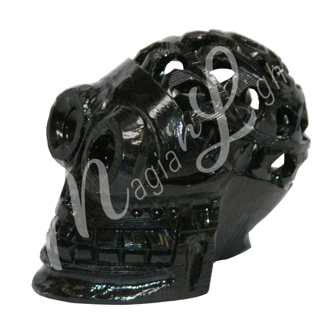 A polished skull carving made of black soapstone hollow.