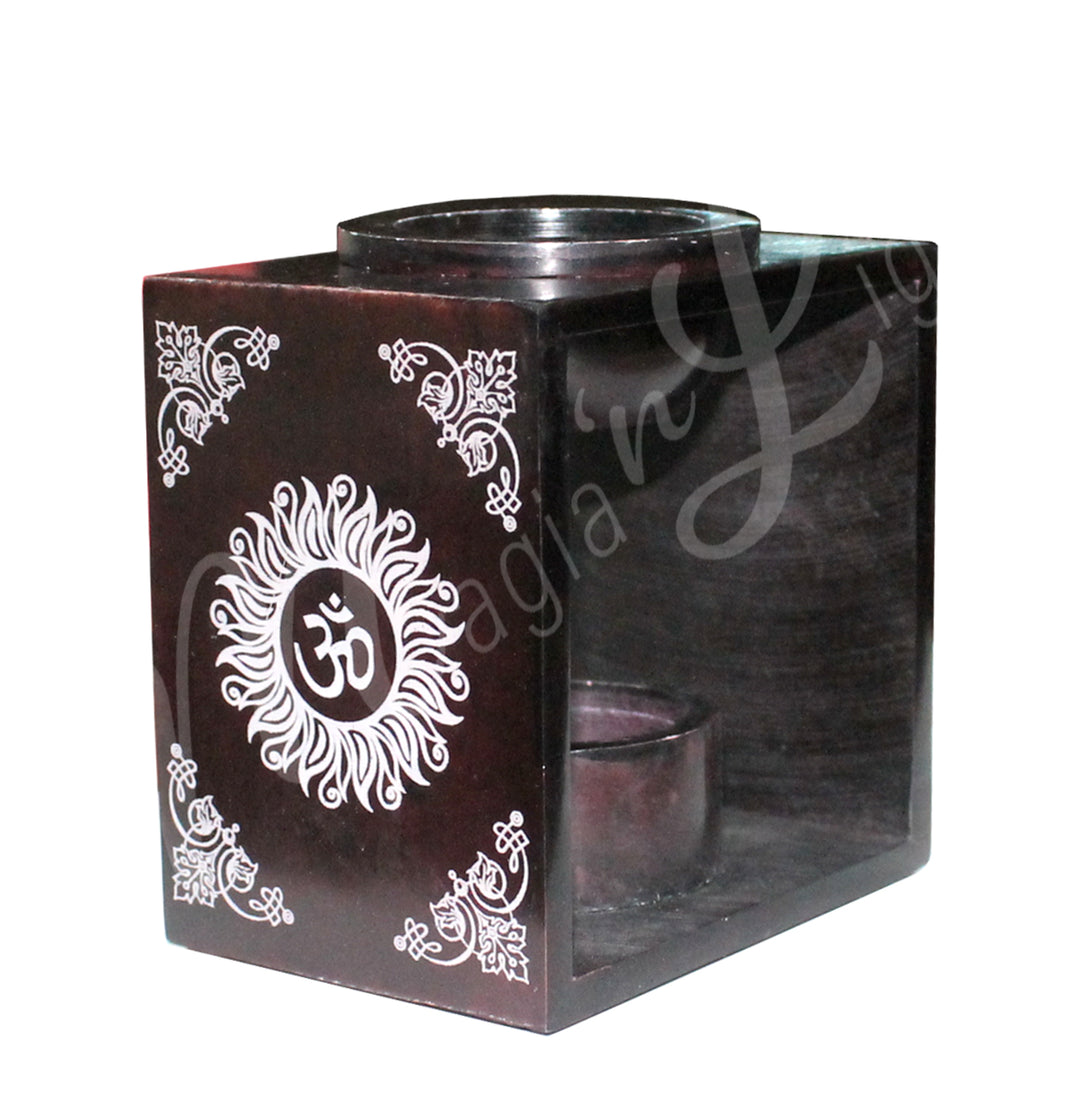 Oil Burner Brown Soapstone Cube w OM