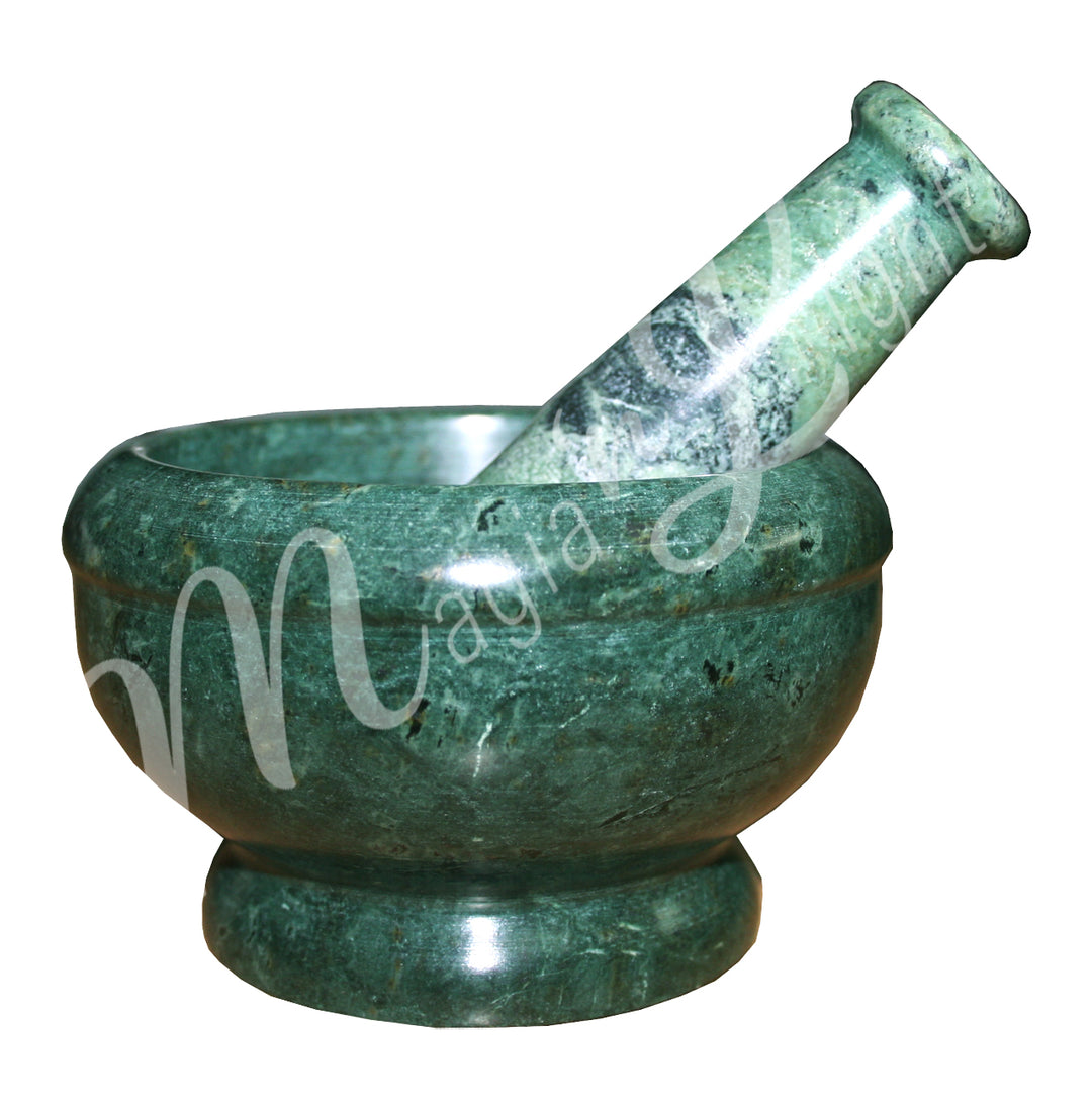 Green marble with black veining mortar and pestle set.