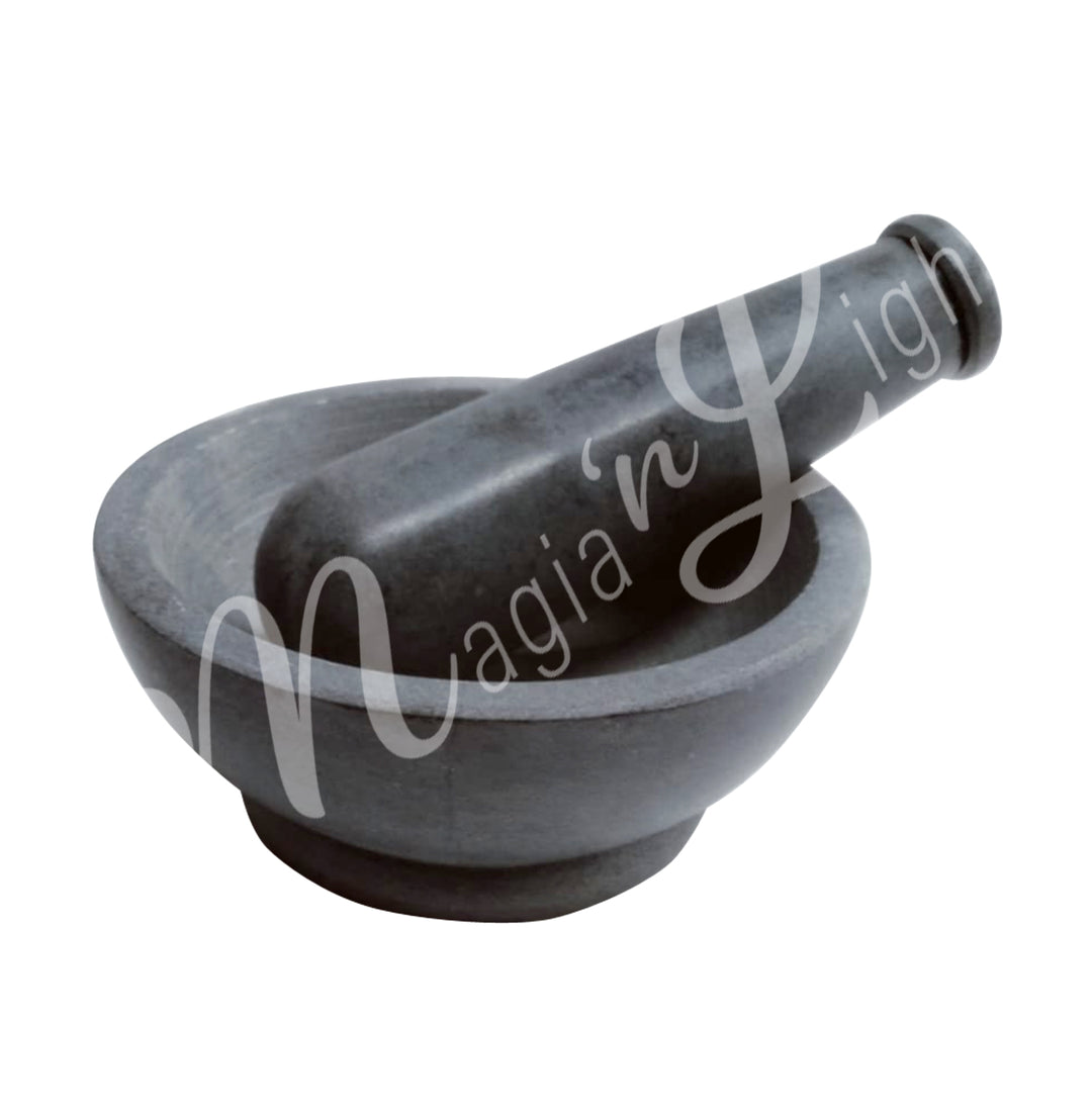 Dark gray marble with black veining mortar and pestle set.