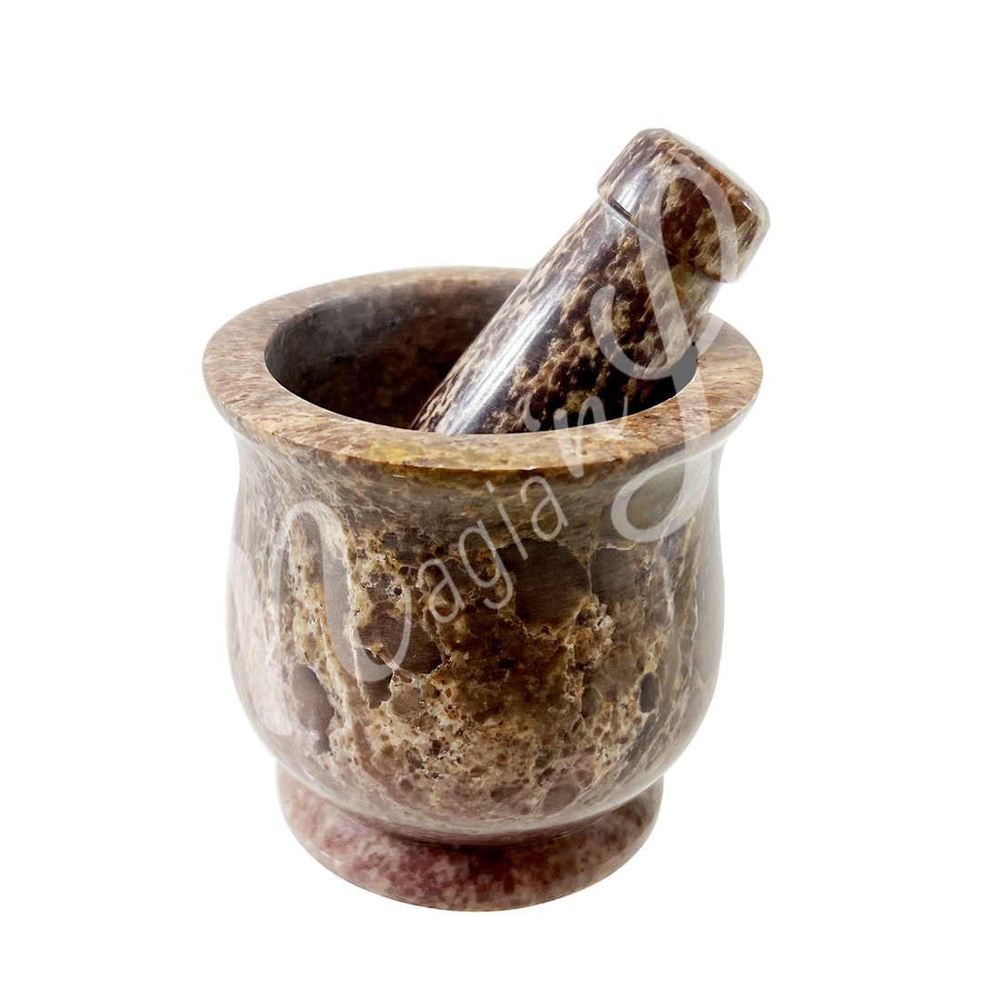 Natural soapstone with brown color mortar and pestle set.