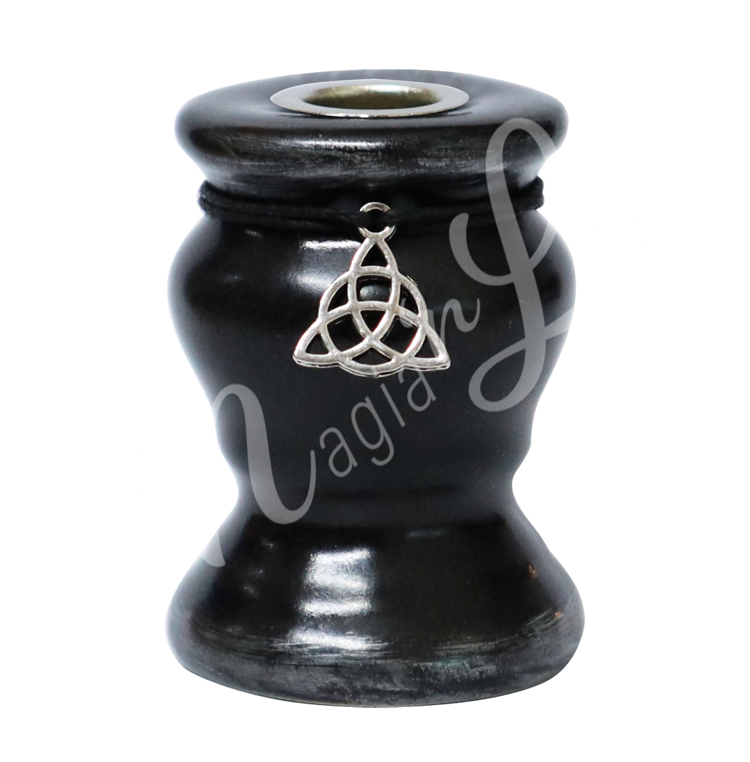 Mini Candle Holder Black Ceramic w Triquetra