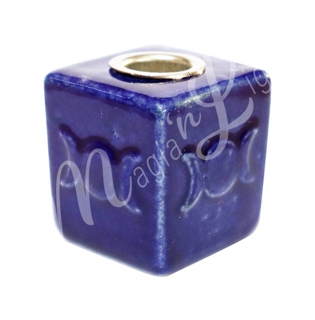 Mini Candle Holder Blue Ceramic w Triple Moon