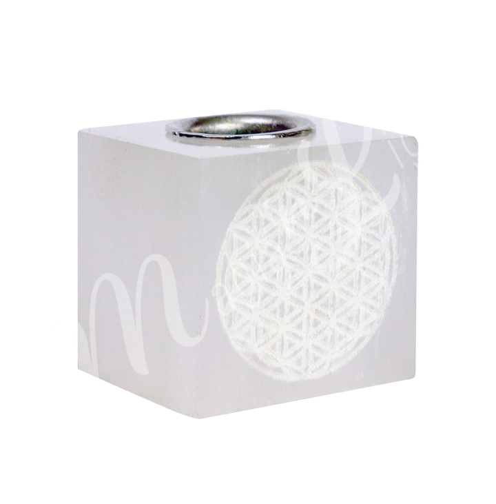 Mini Candle Holder Selenite Engraved w Flower of Life