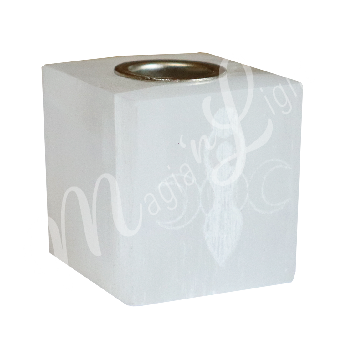Mini Candle Holder Selenite w Engraved Goddess