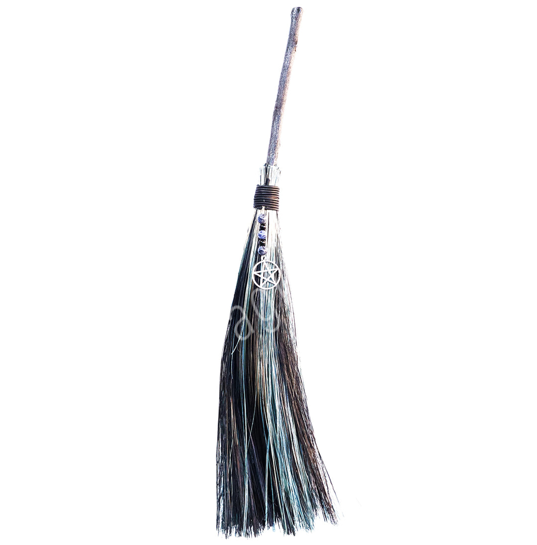 Witch's Broom Black & Blue with Sodalite & Pentacle 18"L