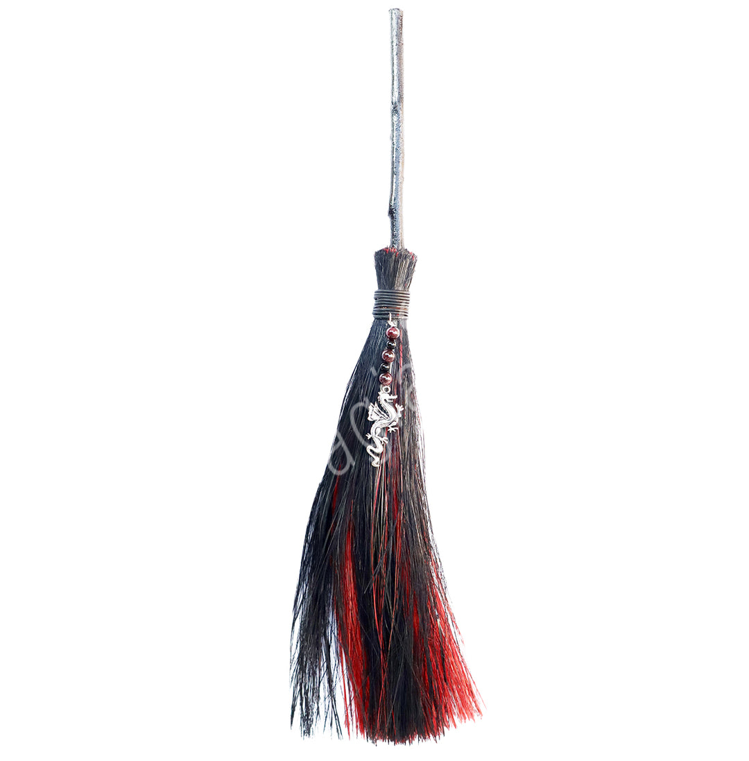 Witch's Broom Black & Red with Garnet & Dragon 18"L