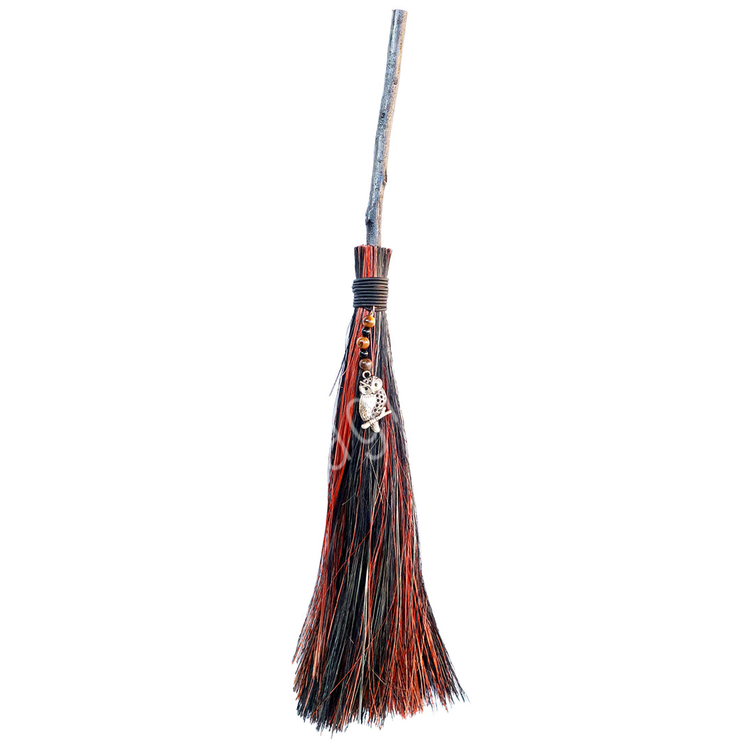 Witch's Broom Black & Brown with Tiger Eye & Owl 18"L