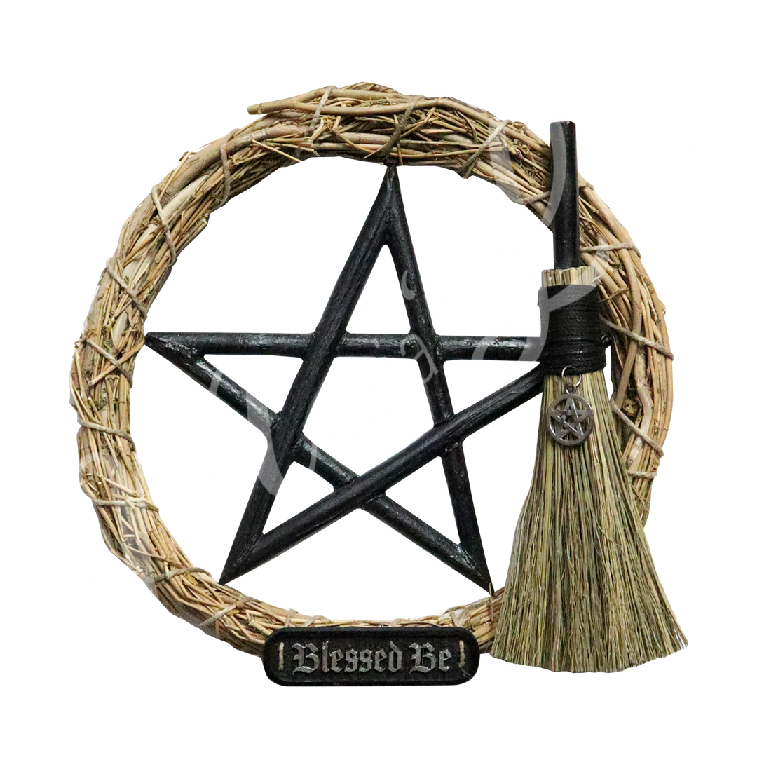 Wall Plaque Pentacle Wreath w Mini Broom 8"L