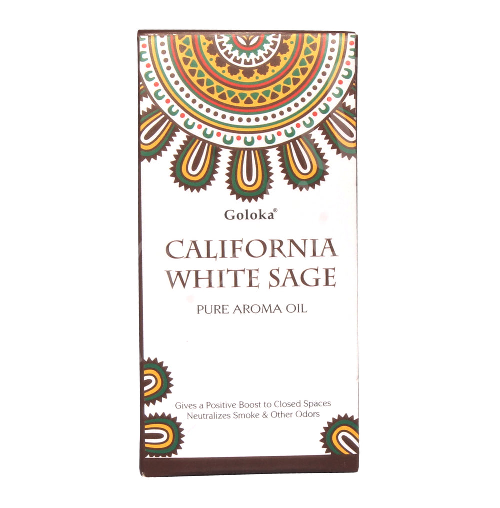 Rectangular box of Goloka California White Sage Pure Aroma Oil, decorated with a green, yellow, and brown mandala design on a white background. Text on the front highlights its odor-neutralizing and space-cleansing properties.