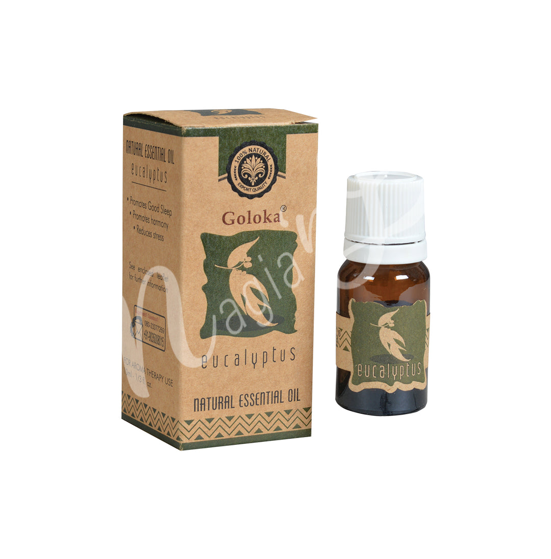 A bottle of Goloka Eucalyptus Natural Essential Oil alongside its packaging box.
The packaging has a natural, earthy design with green and brown tones, emphasizing its organic and natural qualities.