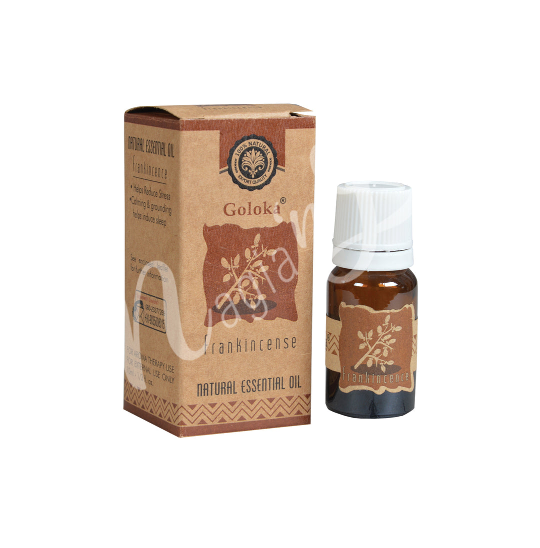 A bottle of Goloka Frankincense Natural Essential Oil alongside its packaging box.
The packaging has a natural design, emphasizing its organic and natural qualities.