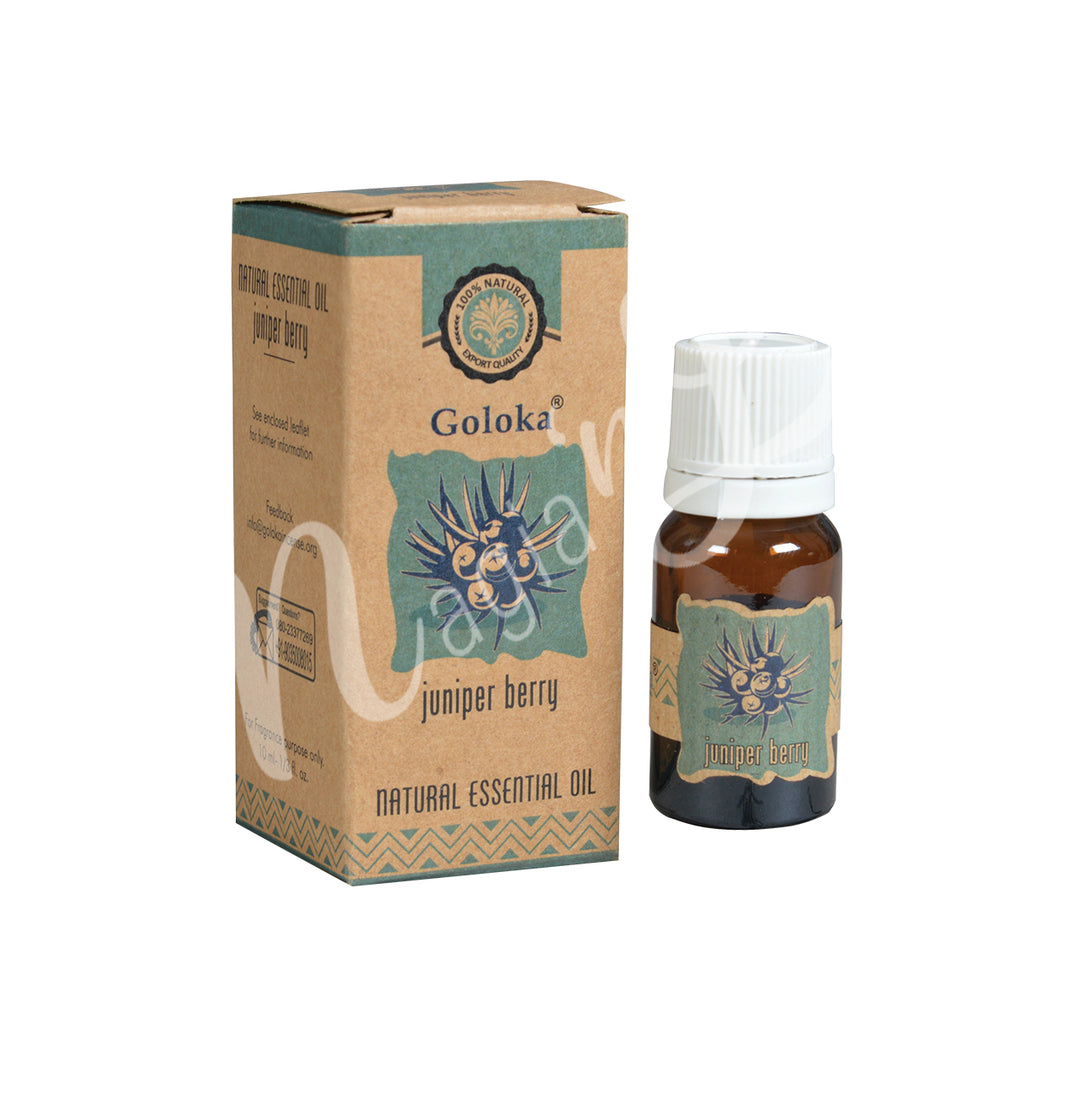 A bottle of Goloka juniper berry Natural Essential Oil alongside its packaging box.
The packaging has a berry on branch, emphasizing its organic and natural qualities.