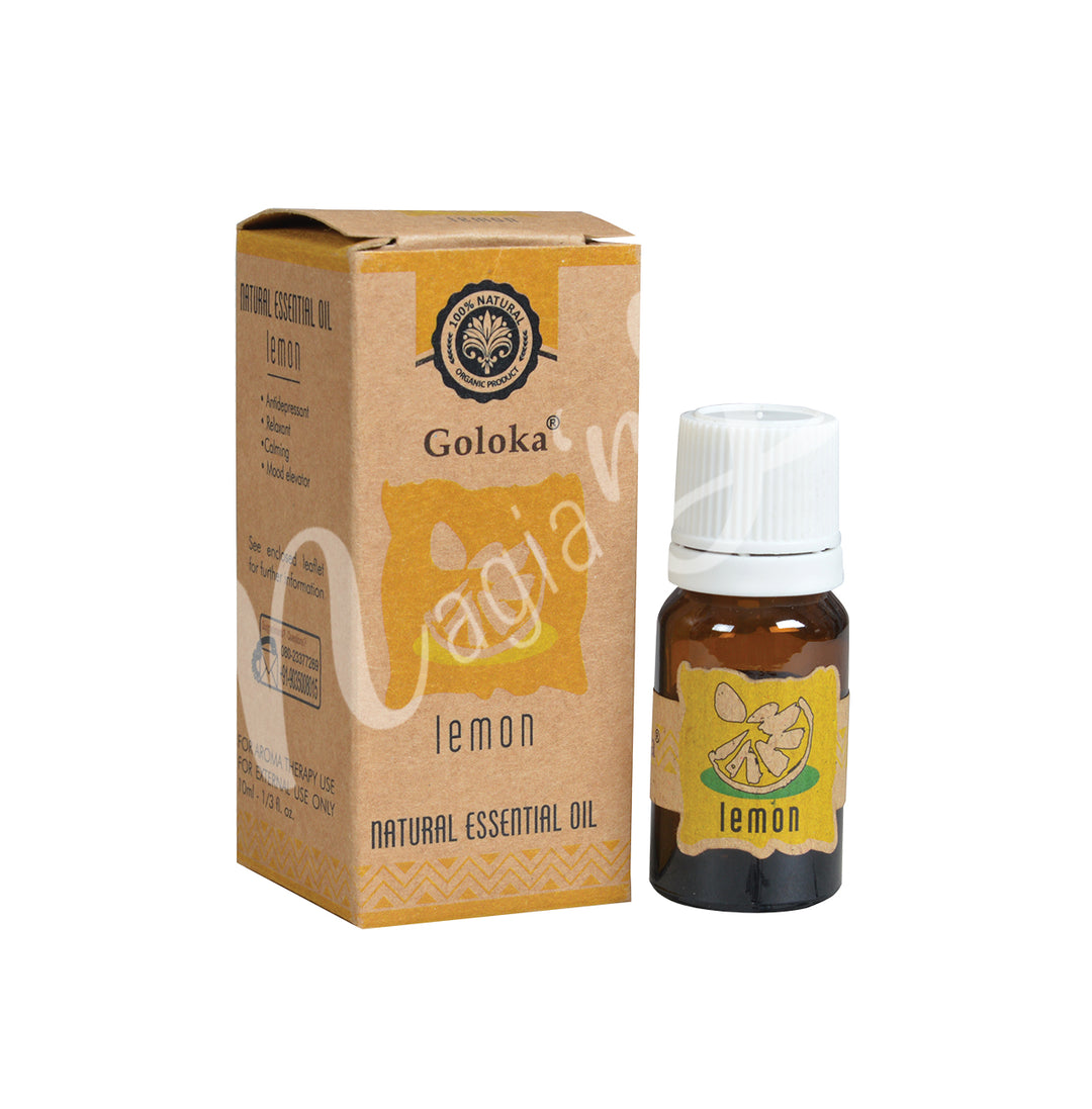 A bottle of Goloka lemon Natural Essential Oil alongside its packaging box.
The packaging has a lemon, emphasizing its organic and natural qualities.