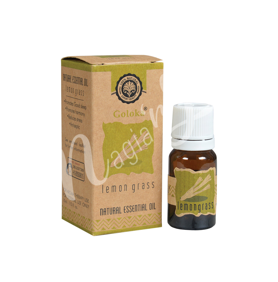 A bottle of Goloka Lemon Grass Natural Essential Oil alongside its packaging box.
The packaging has a natural, earthy design with green and brown tones, emphasizing its organic and natural qualities.