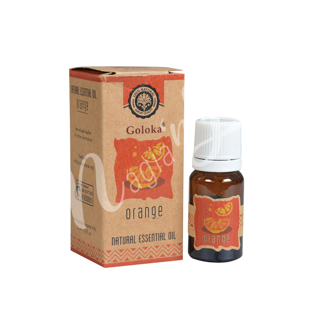 A bottle of Goloka Orange Natural Essential Oil alongside its packaging box.
The packaging has orange slices, earthy design with Red and orange tones, emphasizing its organic and natural qualities.