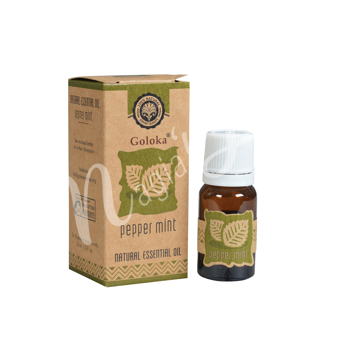 A bottle of Goloka pepper mint Natural Essential Oil alongside its packaging box.
The packaging has a leaf, earthy green design, emphasizing its organic and natural qualities.