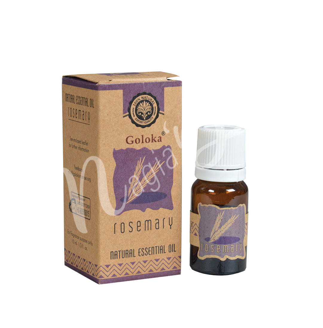 A bottle of Goloka Rosemary Natural Essential Oil alongside its packaging box.
The packaging has a natural, earthy design with purple and brown tones, emphasizing its organic and natural qualities.