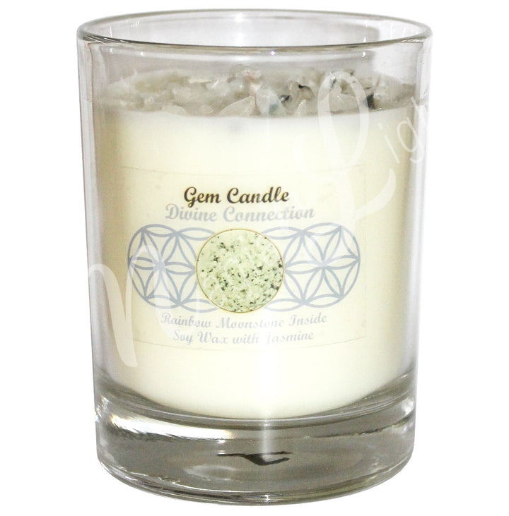 DIVINE CONNECTION CANDLE JASMINE WITH RAINBOW MOONSTONE 4"H X 3.25"DIA
