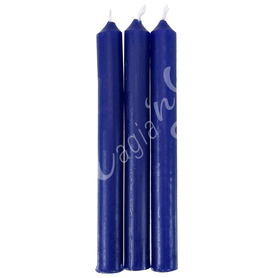 A trio of dark blue candles side by side.