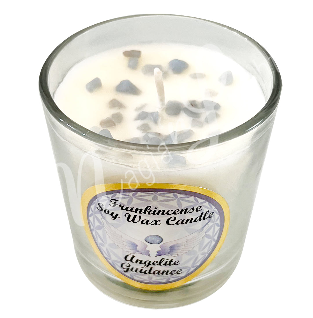 White soy wax candle in a glass holder with small angelite crystal chips embedded on top, labeled "Frankincense Soy Wax Candle – Angelite Guidance.