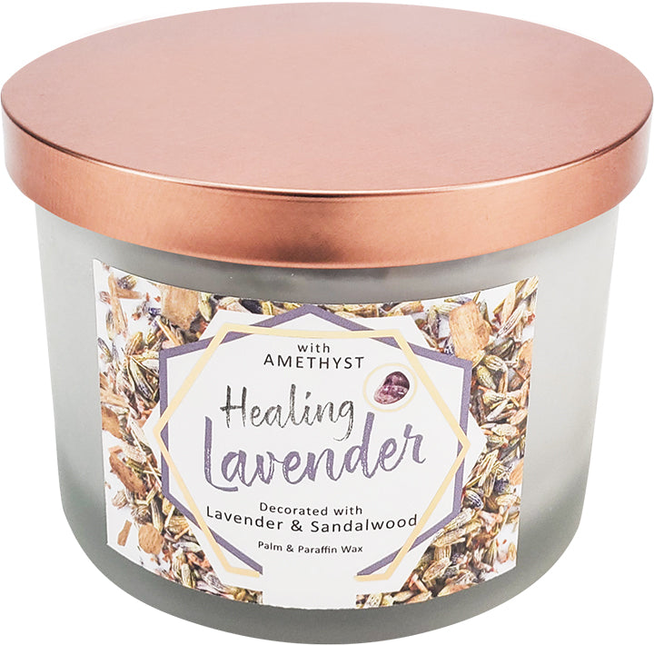 HEALING CANDLE LAVENDER WITH AMETHYST AROMATHERAPY 3″H X 3.25″DIA