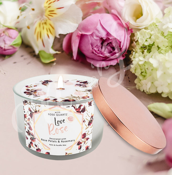 LOVE CANDLE ROSE WITH ROSE QUARTZ AROMATHERAPY 3″H X 3.25″DIA