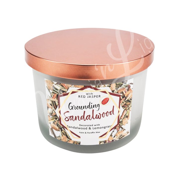 GROUNDING CANDLE SANDALWOOD WITH RED JASPER AROMATHERAPY 3″H X 3.25″DIA