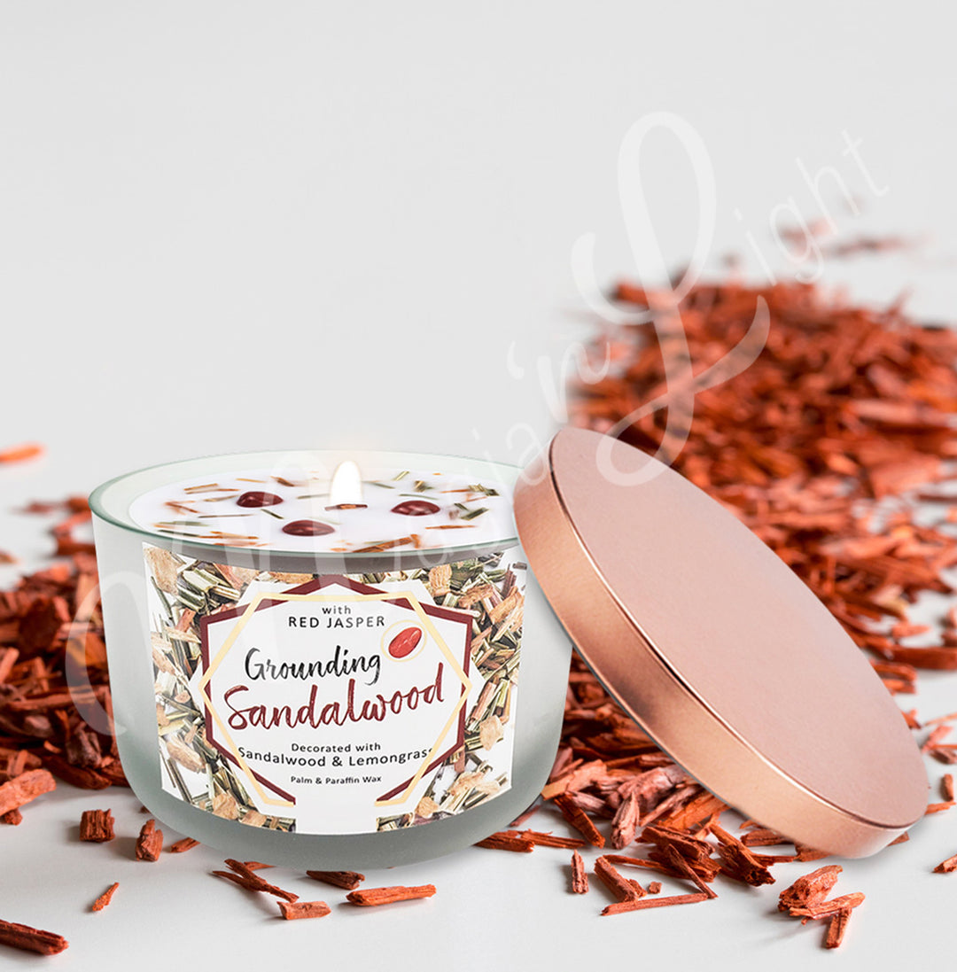 GROUNDING CANDLE SANDALWOOD WITH RED JASPER AROMATHERAPY 3″H X 3.25″DIA