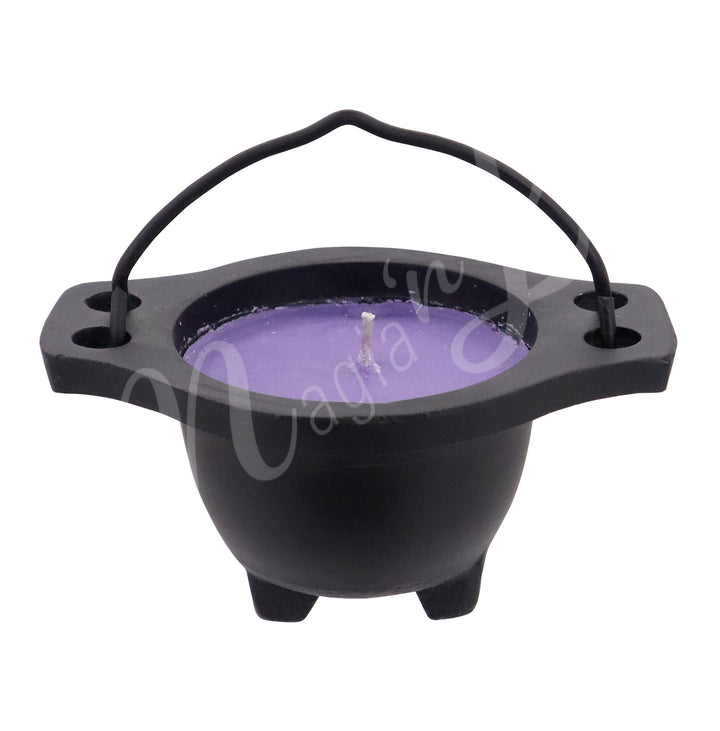 A black cauldron candle holder shown without a label, displaying the smooth purple wax surface and centered wick.