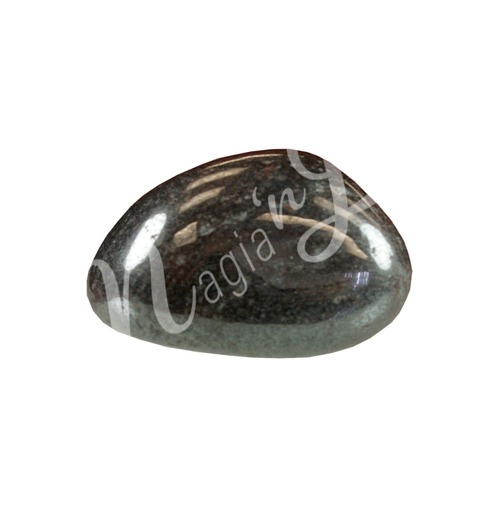 Polished tumbled stone with black shade, showing natural patterns and a glossy surface.
