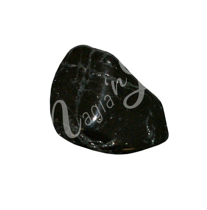 A polished black tumbled stone.