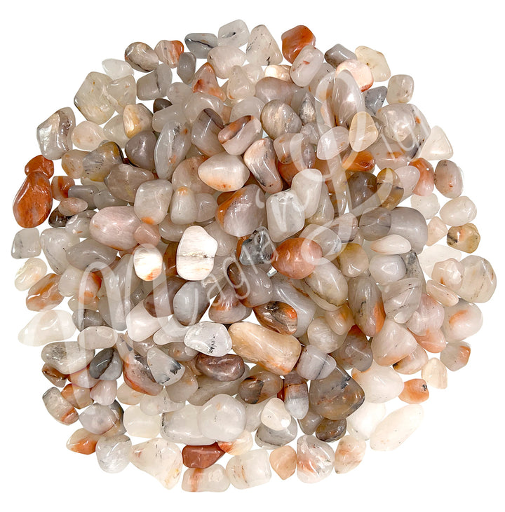 Collection of polished tumbled stones in shades of red, orange, gray, and cream, arranged together in a circular pile.