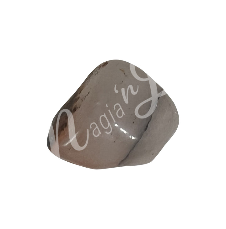 Polished tumbled stone with shades of gray-brown, showing natural patterns and a glossy surface.